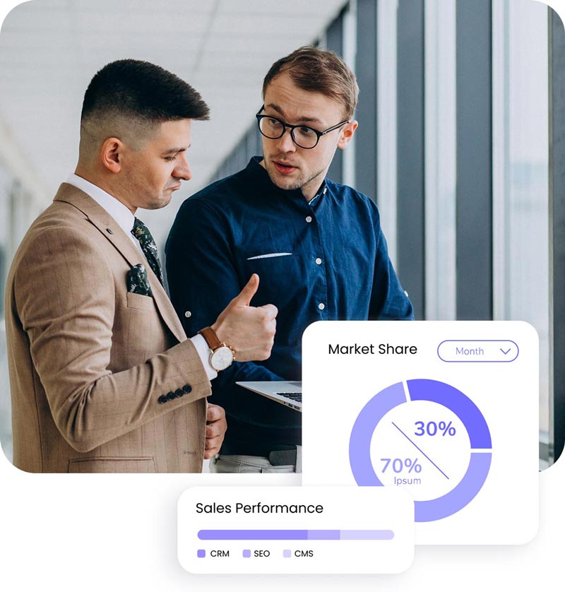 Two business professionals discussing sales performance with overlayed charts showing market share data and CRM, SEO, CMS analytics
