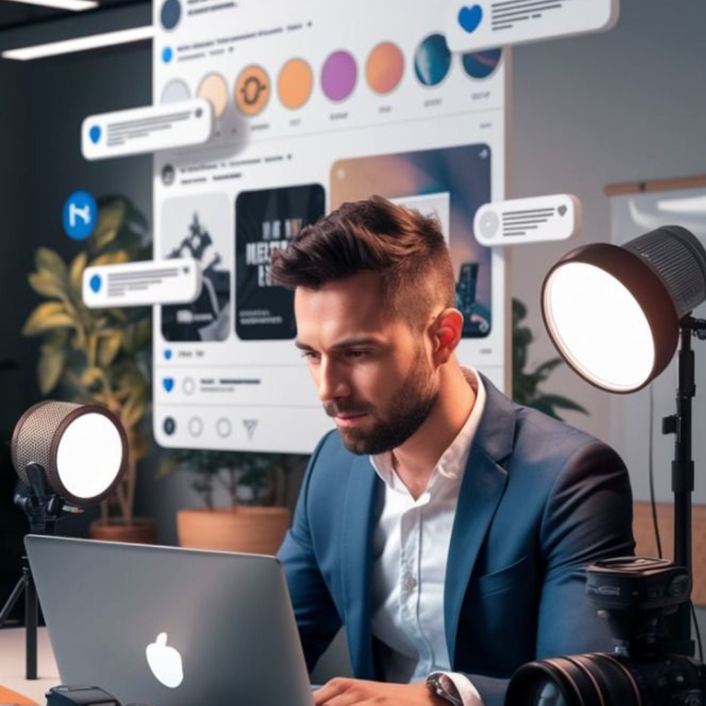 Businessman creating content on a laptop in a studio, surrounded by social media notifications and automation interface, representing AI-powered marketing.
