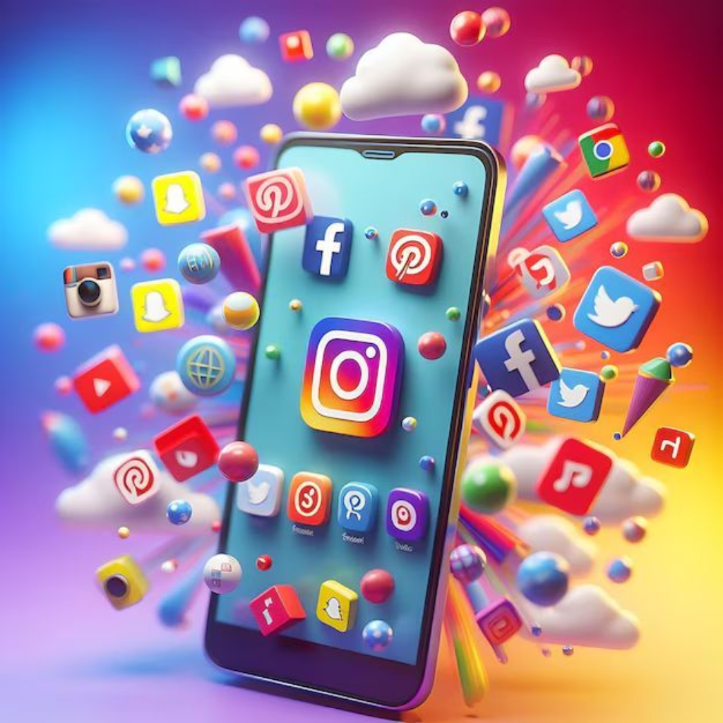 Smartphone surrounded by colorful 3D icons of popular social media platforms like Instagram, Facebook, Twitter, YouTube, and Snapchat